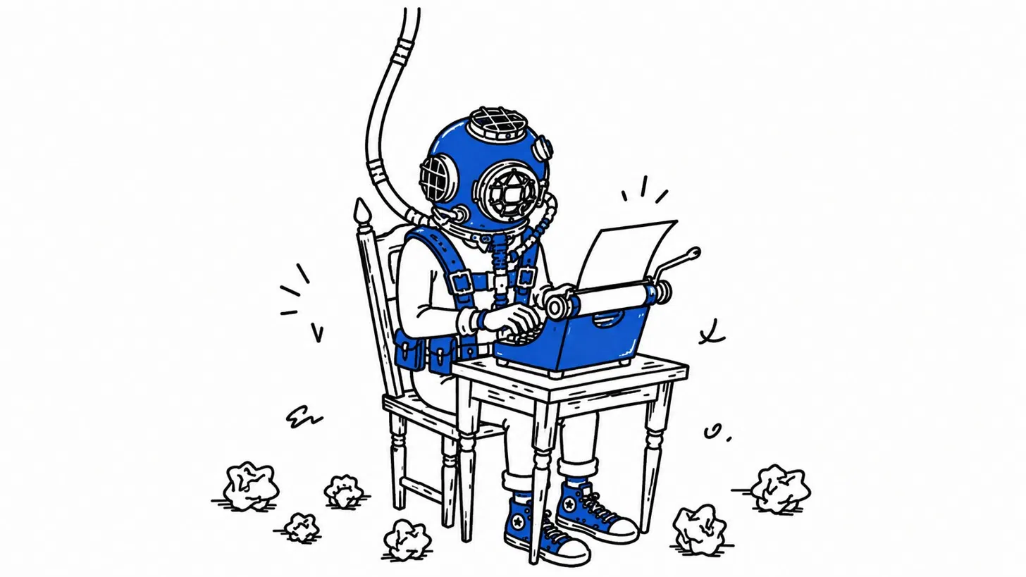 Diver at typewriter